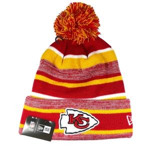 NFL New Era  Kansas City Chiefs Cuffed Knit Beanie Patch Logo Red Yellow Striped